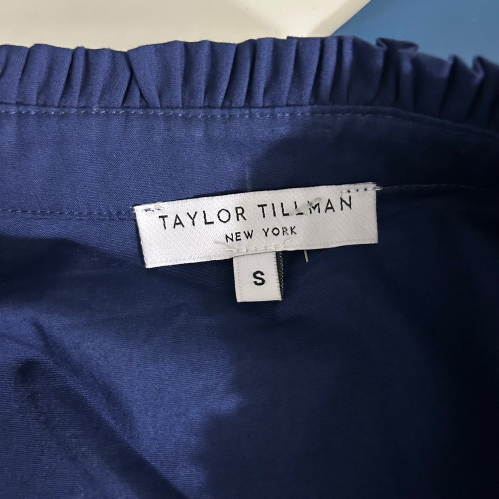 Taylor Tillman Navy Blue Cotton Poplin Ruffle Drop Waist Midi Shirt Dress Small - Picture 3 of 13